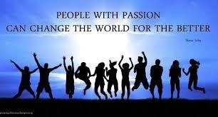 A group of people jumping in the air with a quote that says people with passion can change the world for the better.