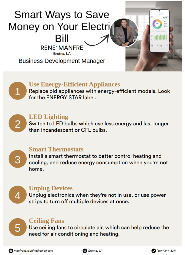 Flyer with tips to save on electric bill: Appliances, LED lighting, thermostats, unplug devices, ceiling fans.
