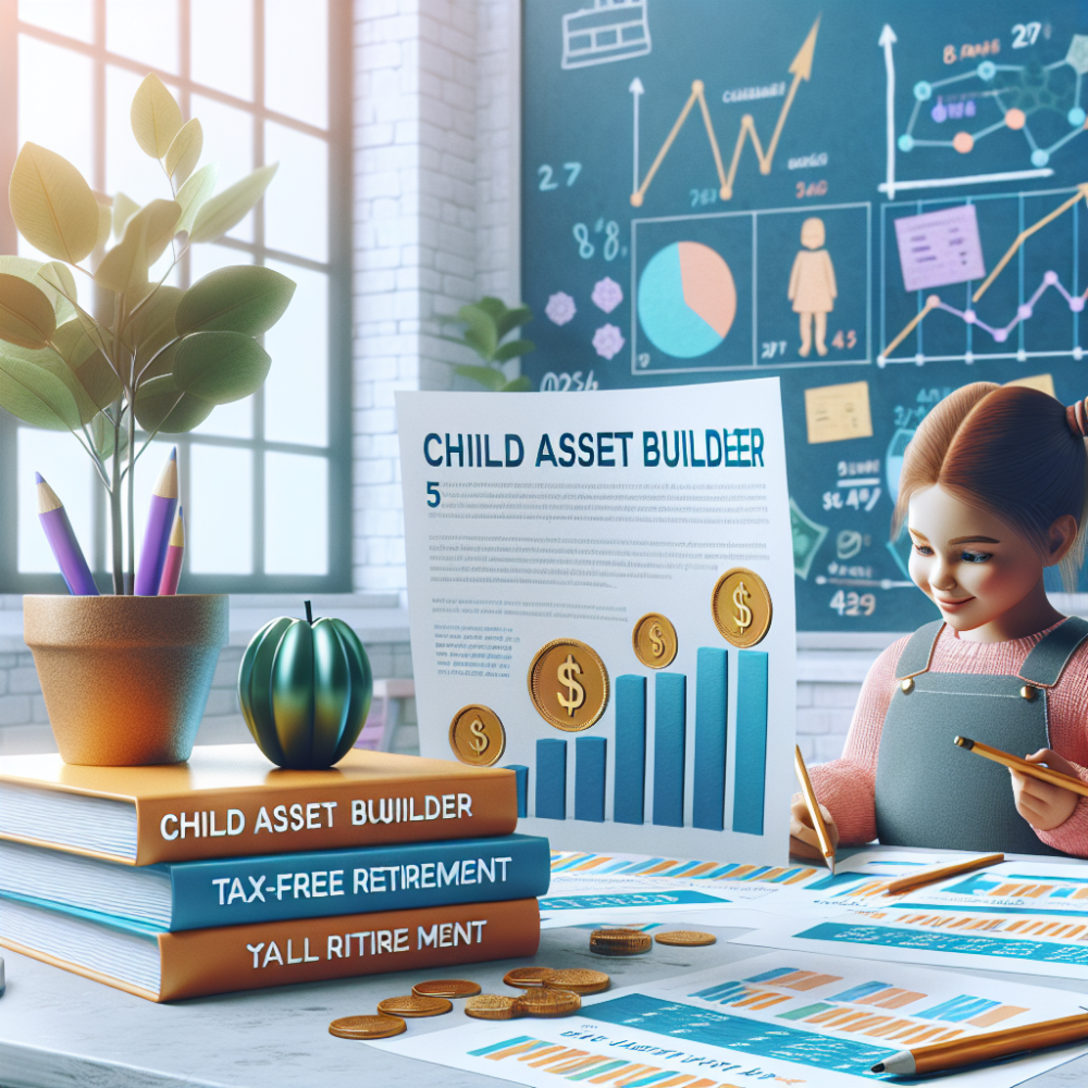 A little girl is sitting at a desk with a child asset builder sign in front of her