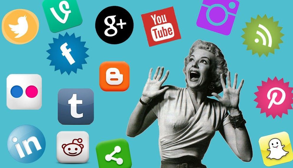 A black and white photo of a woman surrounded by social media icons