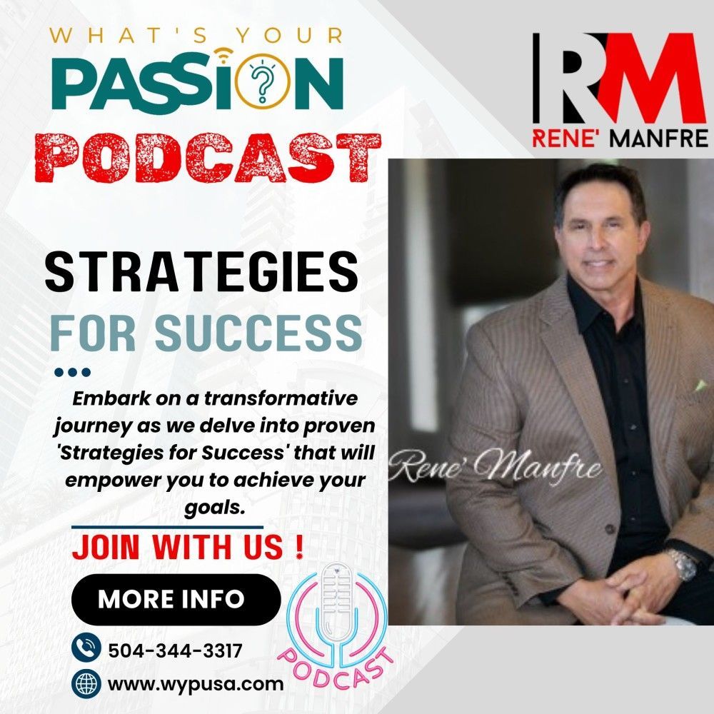 A man in a suit is sitting in front of a sign that says passion podcast strategies for success.