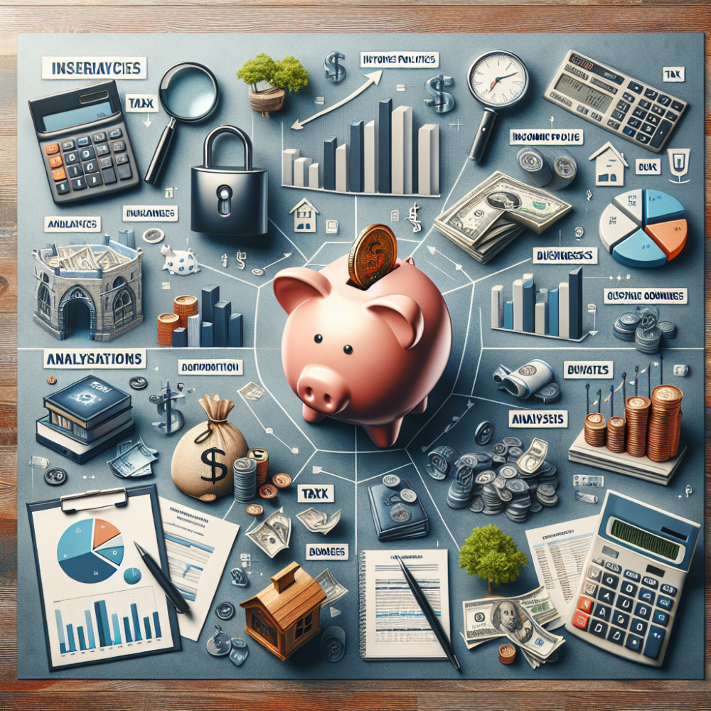 A piggy bank with a coin in it is surrounded by various financial items.