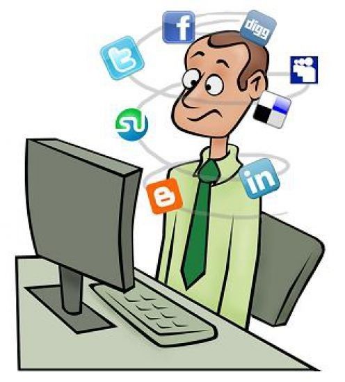 A cartoon of a man sitting in front of a computer surrounded by social media icons