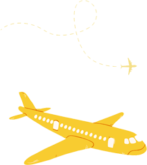 Yellow airplane with a dotted flight path, set against a white background.