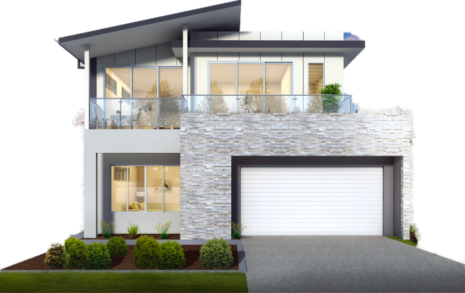 Two-story modern home with stone facade, glass balconies, and a white garage door.