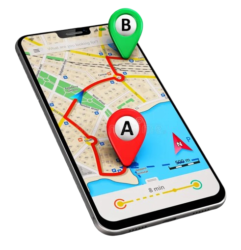 Smartphone map app showing a red route with pins labeled A and B near a coastline