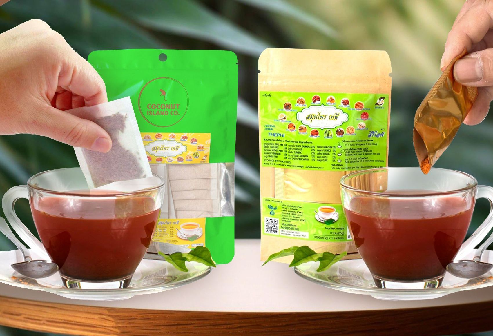 a person is pouring a bag of tapee tea into a cup of tea .