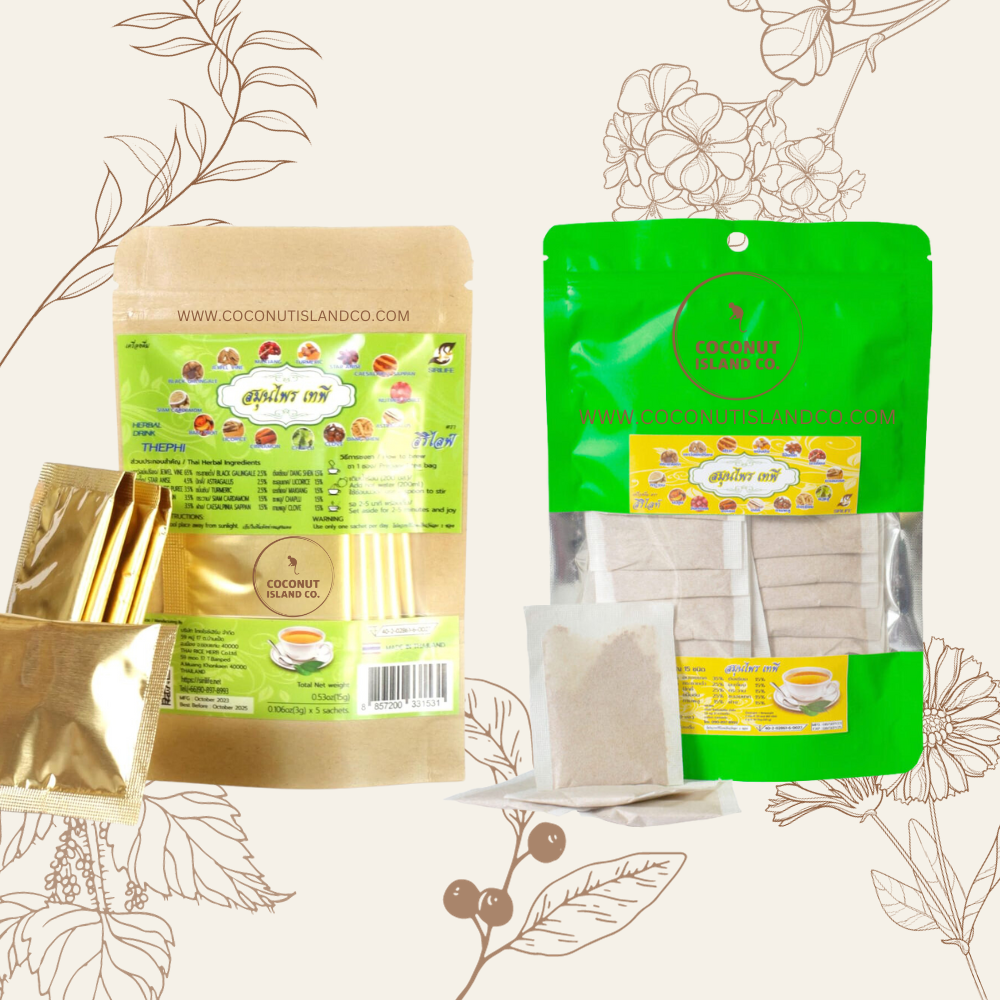 an image of Coconut Island Company Tapee Tea in both teabag and sachet form.