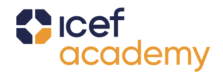 Logotipo da ICEF Academy: forma geométrica azul e dourada com texto
