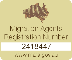 Número de registro dos agentes de migração australianos: 2418447, com um mapa da Austrália e endereço do site.