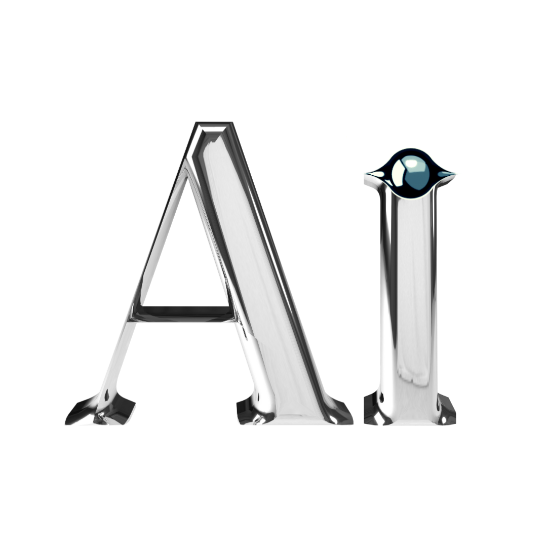 Stylized metallic “Ai” letters with a glossy blue orb accent on the “i”