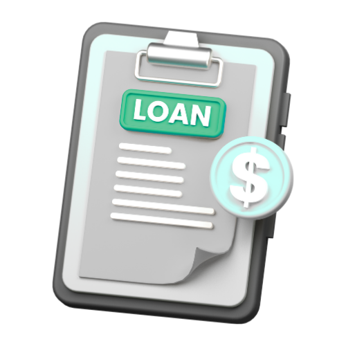 Loan document icon with green label and dollar symbol on a gray clipboard.