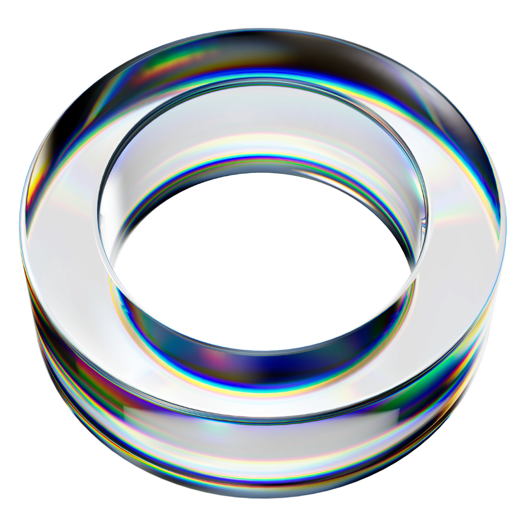 Abstract clear glass ring with rainbow-reflective edges on a white background