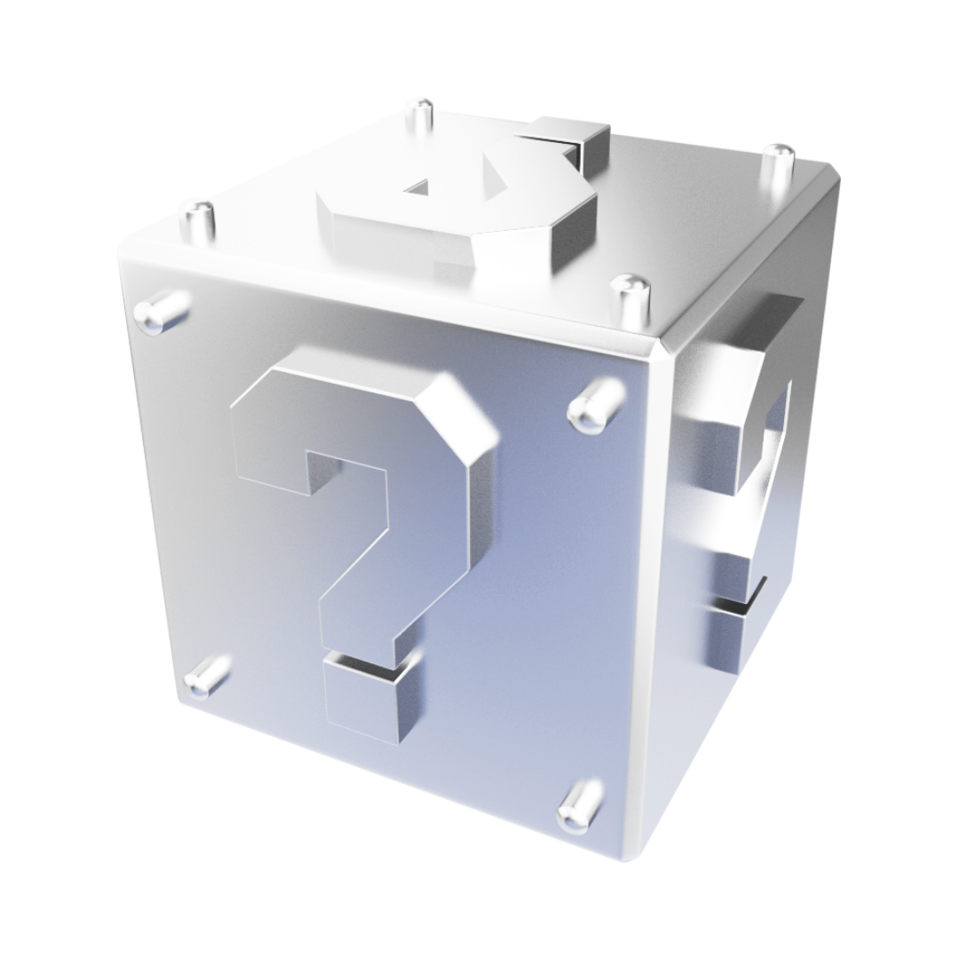 Silver 3D box with a large question mark on the front panel and a latch on top