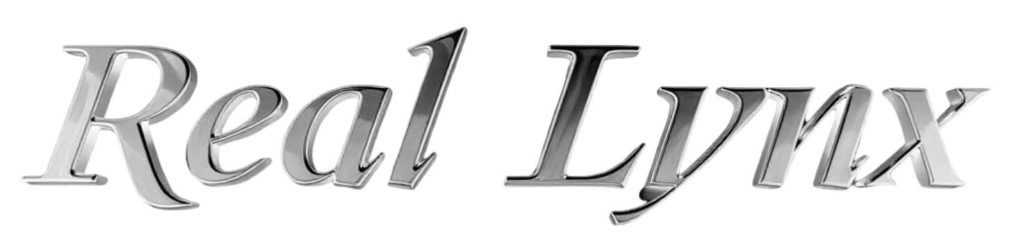 Silver italic text reading “Real Lynx” on a white background