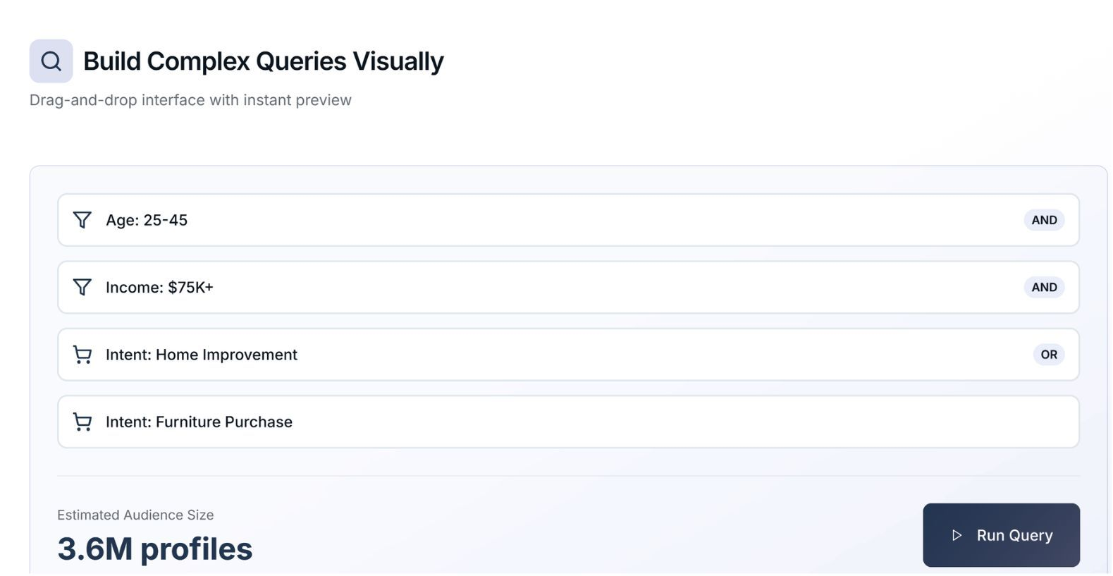 Dashboard showing “Build Complex Queries Visually” with filter rows and a “Run Query” button.