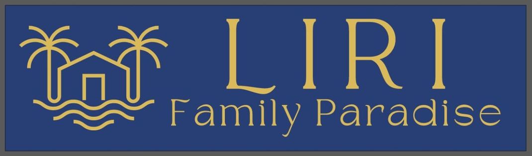 The logo for liri family paradise has a house and palm trees on it.