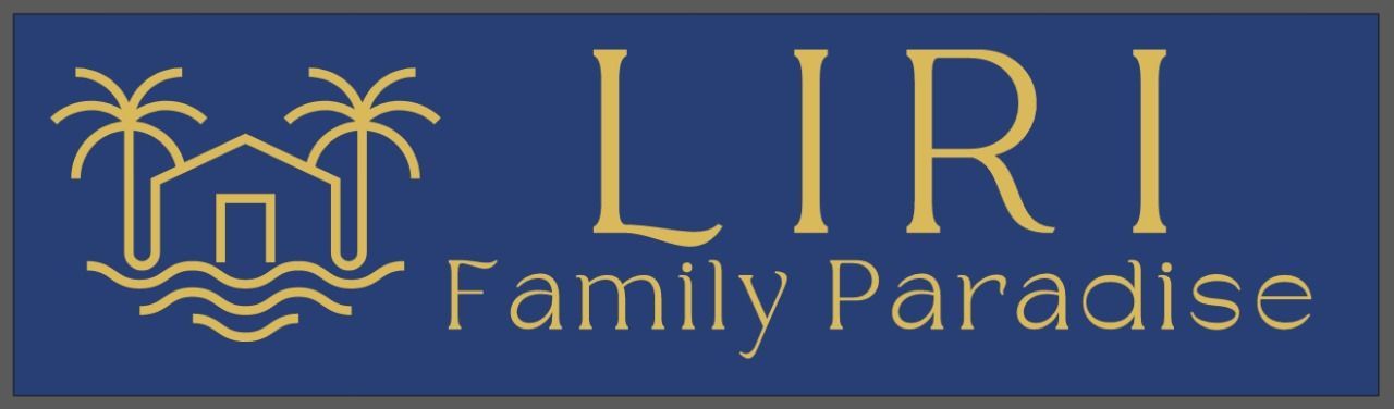 The logo for liri family paradise has a house and palm trees on it.