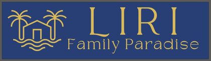 The logo for liri family paradise has a house and palm trees on it.