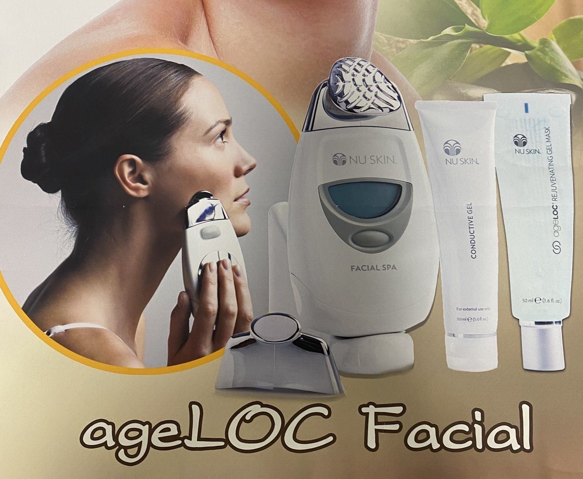 Woman using ageLOC facial device, alongside other skincare products.