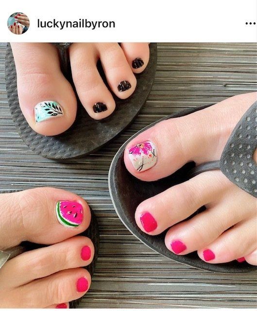 Three pairs of feet with painted toenails, showcasing watermelon, flower, and leaf designs.