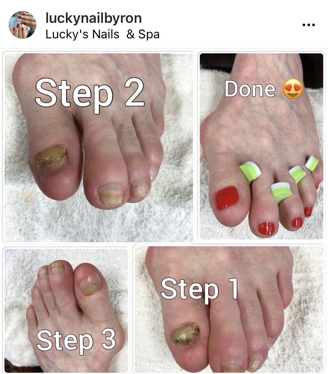 Progress of pedicure. Steps 1-3 show a toenail being treated, with the final image showing red polish.