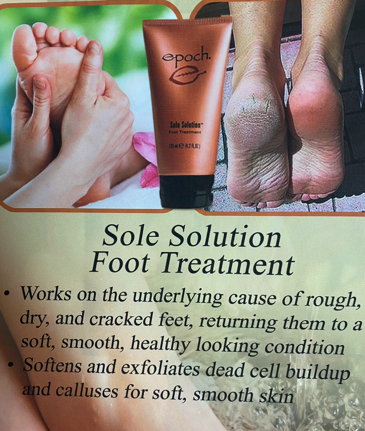 Product ad: Epoch Sole Solution foot treatment cream. Shows feet with hands, a tube, and before/after views.