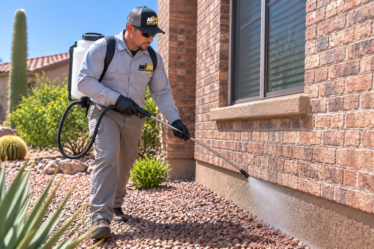 Worker spraying pest control along a brick house exterior in a sunny yard