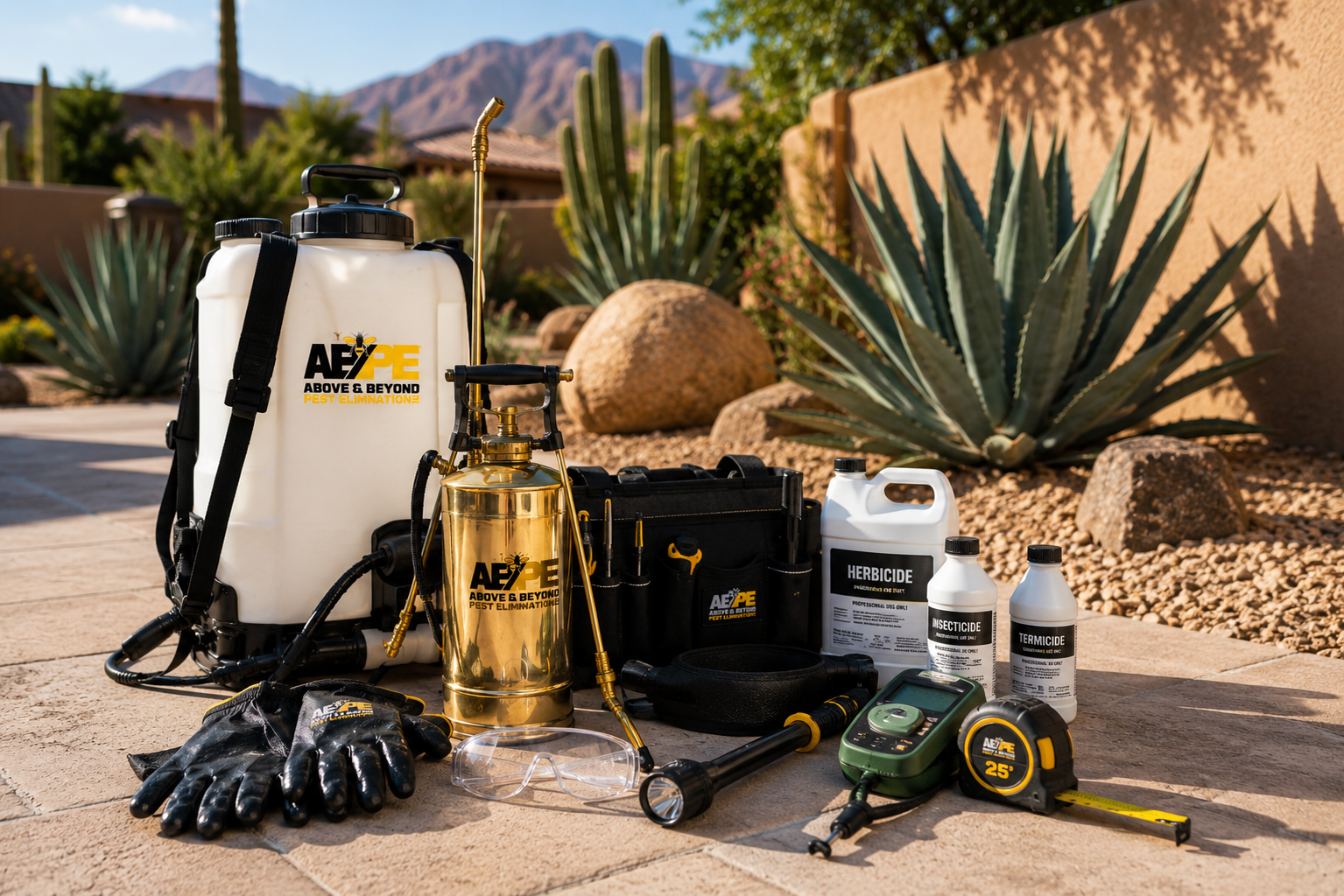 Lawn care tools and gear arranged on a patio beside desert plants and mountains