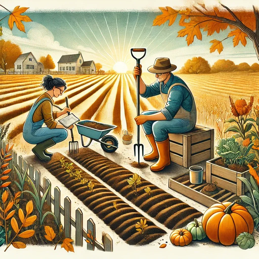 A man and a woman are working in a field.