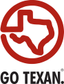 The logo for go texan is a red circle with a texas state flag inside of it.