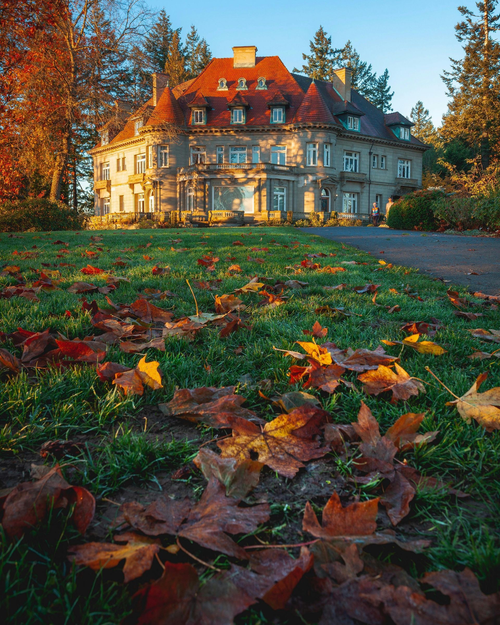 A large house with a red roof is surrounded by leaves on the ground