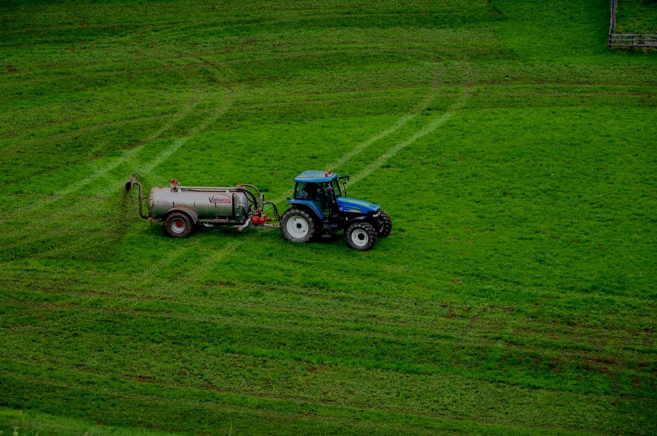 A blue tractor is spraying fertilizer on a lush green field.