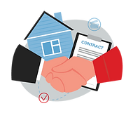 A man is shaking hands with another man in front of a house and a contract.