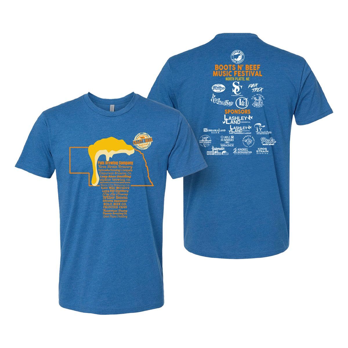 Blue t-shirt with festival logo: state outline, dripping beer, and event details on front; band lineup on back.