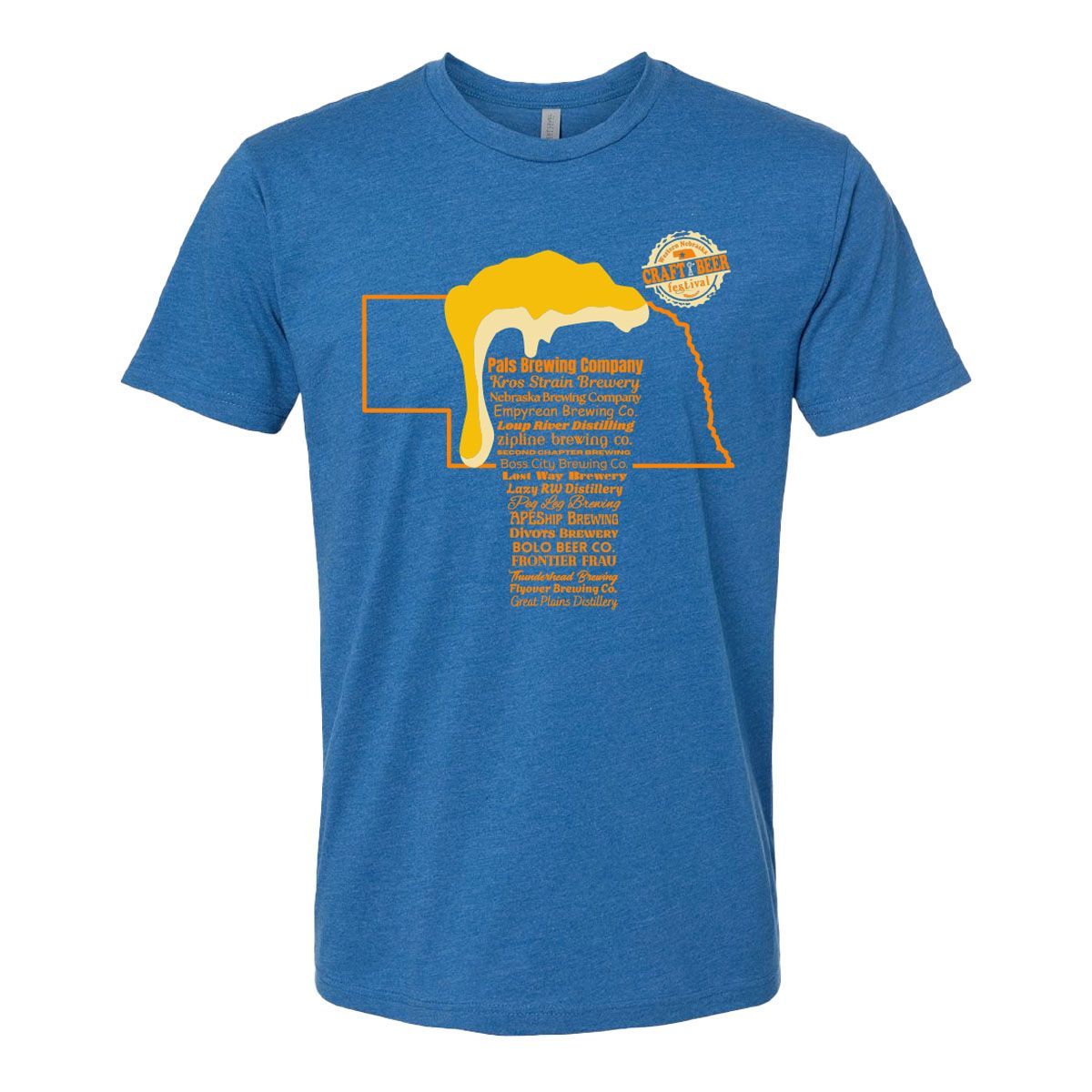 Blue t-shirt with festival logo: state outline, dripping beer, and event details on front; band lineup on back.
