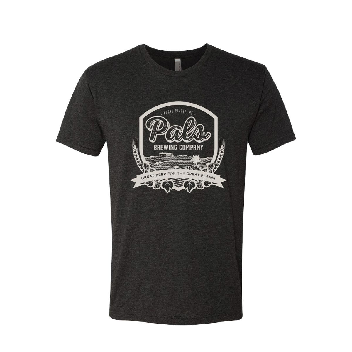Dark gray t-shirt with a beer label design on the front and text 