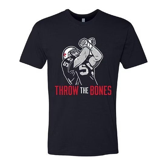 Black t-shirt with football player graphic. Player in a jersey is raising his arms and the phrase "THROW THE BONES".