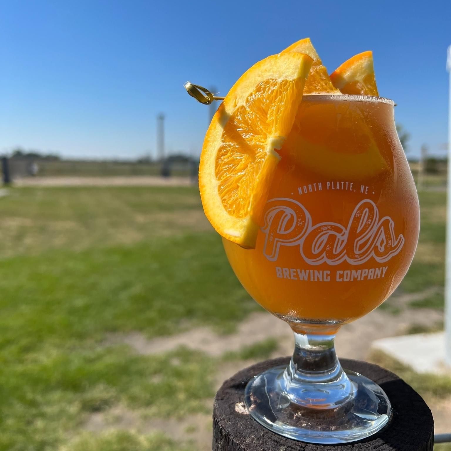 Orange-colored drink in a branded glass with orange slices as garnish, outdoors on a sunny day.