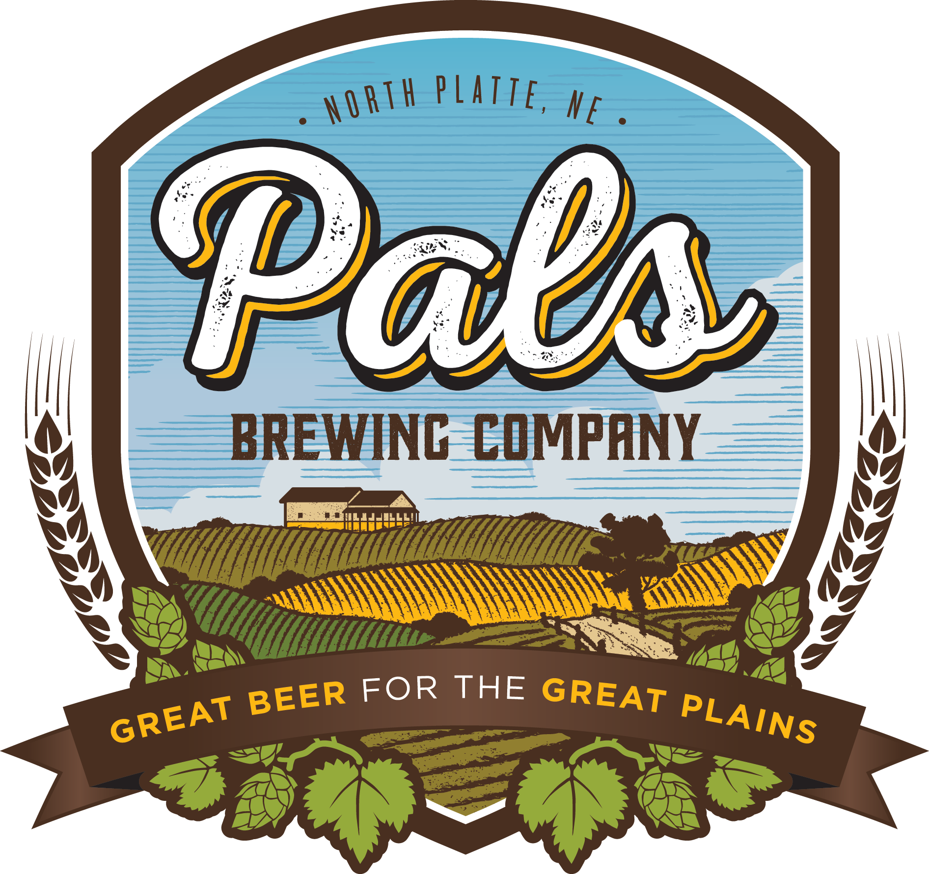 Logo for Pals Brewing Company, North Platte, NE, with a rural landscape and text