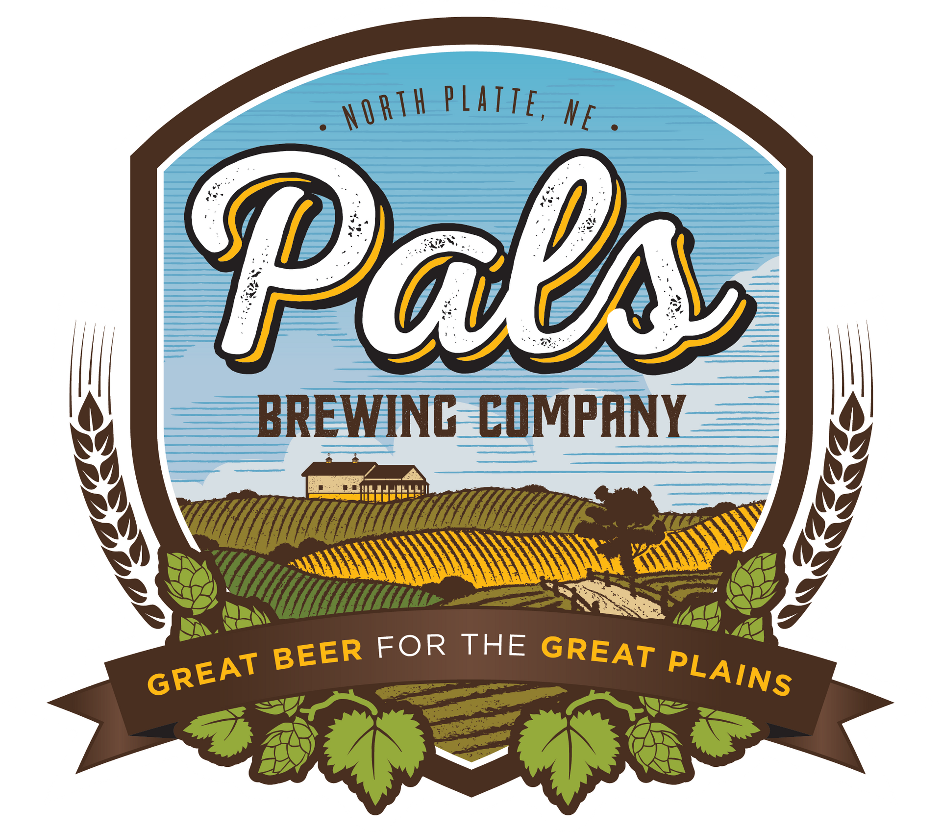 Group of people smiling at bar, Pal's restaurant, TV screen, colorful bottle art.