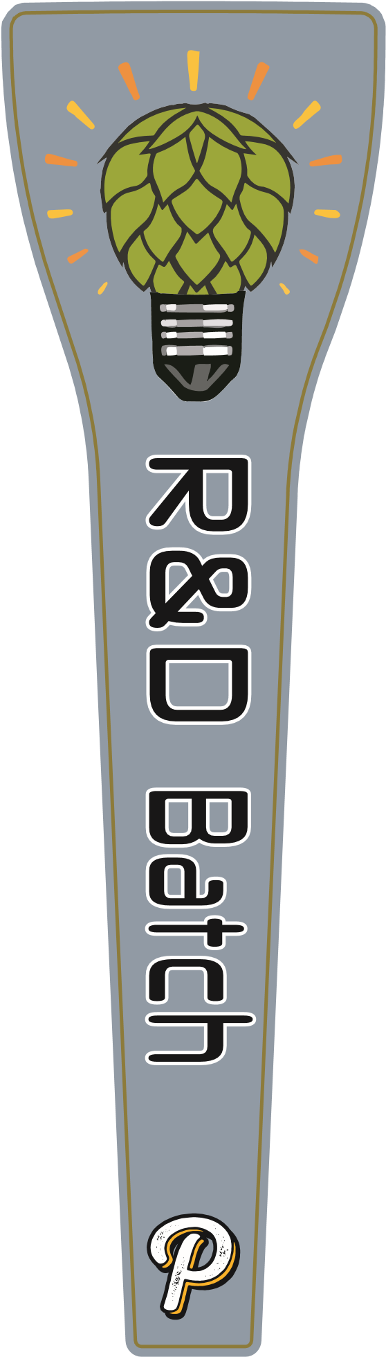 A gray beer tap handle with "R&D Batch" text and an illustration of a hop in the shape of a lightbulb.