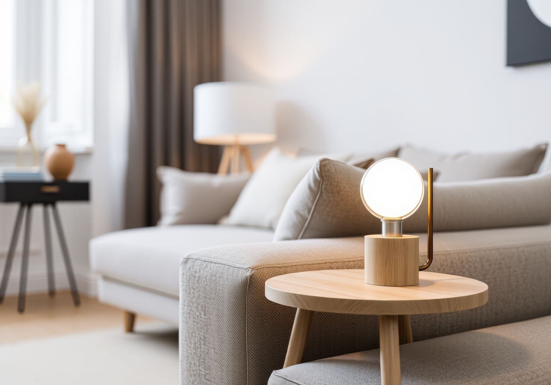 Modern living room with beige sofa, round wooden side table, and lit table lamp by a bright window