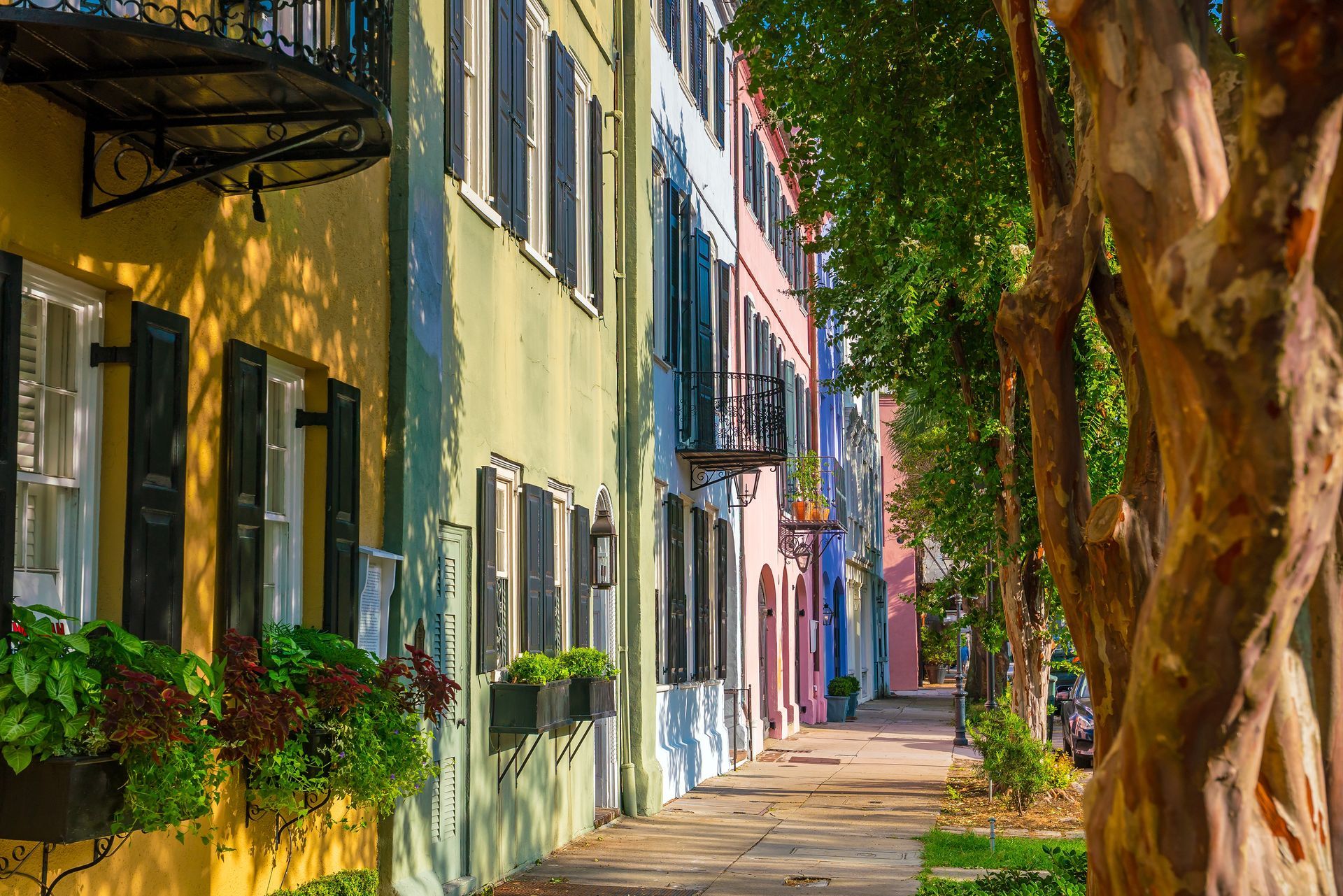 Colorful houses and leafy trees line a sunlit sidewalk in a narrow street.
