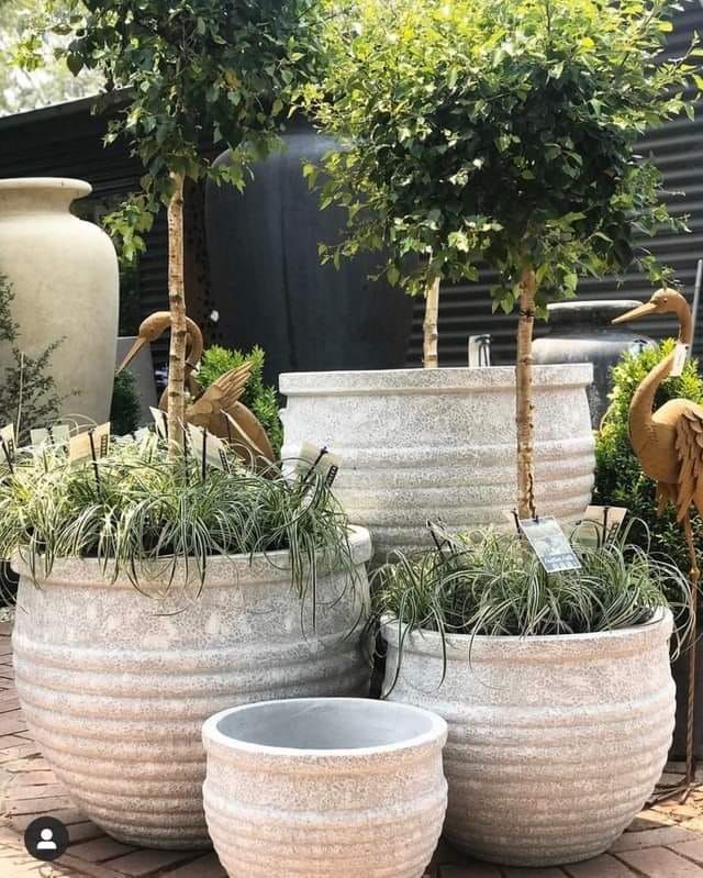 A group of planters filled with plants are sitting on a brick sidewalk.