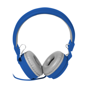 A pair of blue headphones on a white background