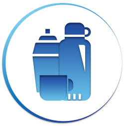 A blue icon of a thermos and a cup in a circle.