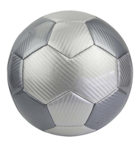 A silver and black soccer ball on a white background