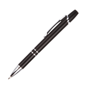 A close up of a black pen on a white background