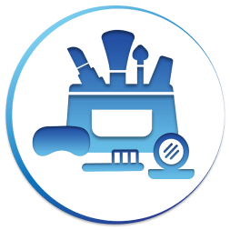 A blue and white icon of a cleaning machine